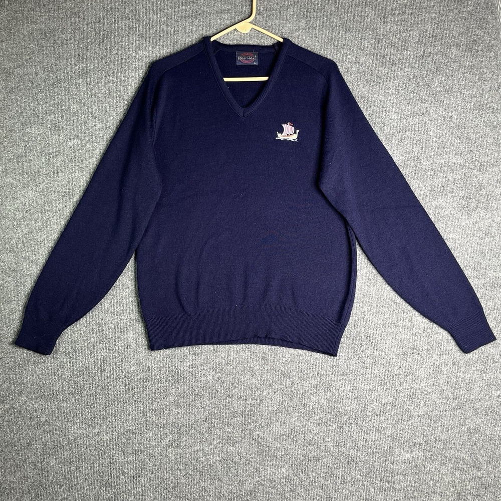 Vintage Pine State Sweater Large V-neck Navy‎ Blue Embroidered Ship Logo Classic
